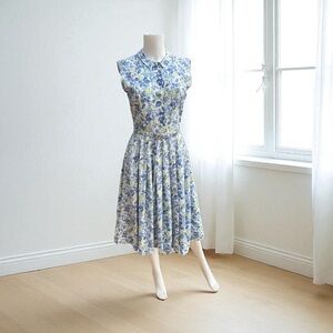 Vintage 1950’s Blue & Green Floral Print Button Front Belted Sleeveless Dress S